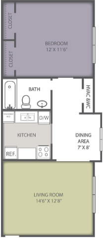 Floor plan for 1 bed, 1 bath, 565 sqft